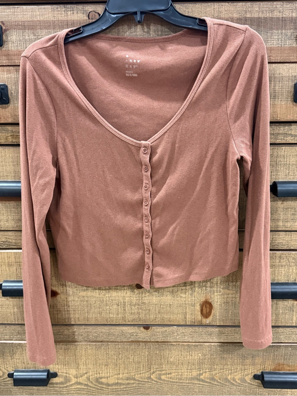 a new day Rust Cropped Button-Front Long Sleeve Top